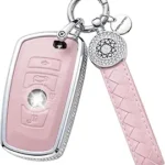 for BMW Key Fob Cover with Keychain, Pink Genuine Leather Crystal Key Case Protection Shell Compatible with BMW 1 3 4 5 6 7 Series X3 X4 M5 M6 GT3 GT5 Remote Start