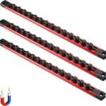 ALOANES 3-Piece Magnetic Tool Organizer, Heavy Duty Aluminum Rails, 360 Swivel Socket Holder Kit with 42 Clips (Red, 3/8-Inch)
