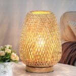 Rattan Table Lamp, Stepless Dimmable Small Beside Lamp, Vintage Wicker Wooden Nightstand Boho Bamboo Woven End Table Lamps for Bedroom Living Room Desk Kids Room, 2700K T45 LED Bulb Included