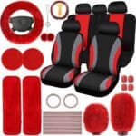 ROCEEI 43 Pcs Red and Black Car Seat Cover Full Set for Women Christmas Fuzzy Car Accessories Fluffy Steering Wheel Cover Front Rear & Belt Handbrake Shift Accessory for Winter
