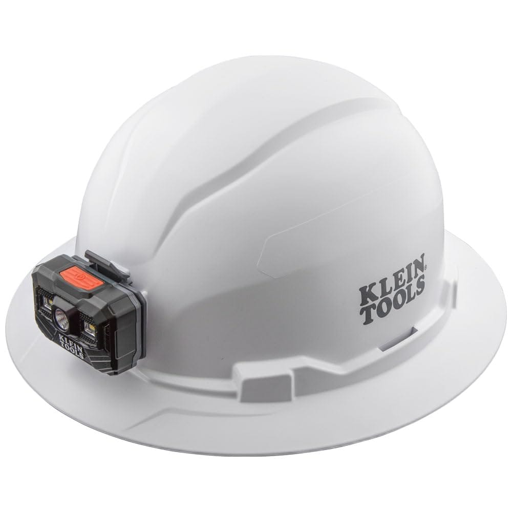Klein Tools 60406RL Hard Hat, Rechargeable Headlamp, Non-Vented, Full Brim Style, Padded Self-Wicking Odor-Resistant Sweatband, Tested up to 20kV, White