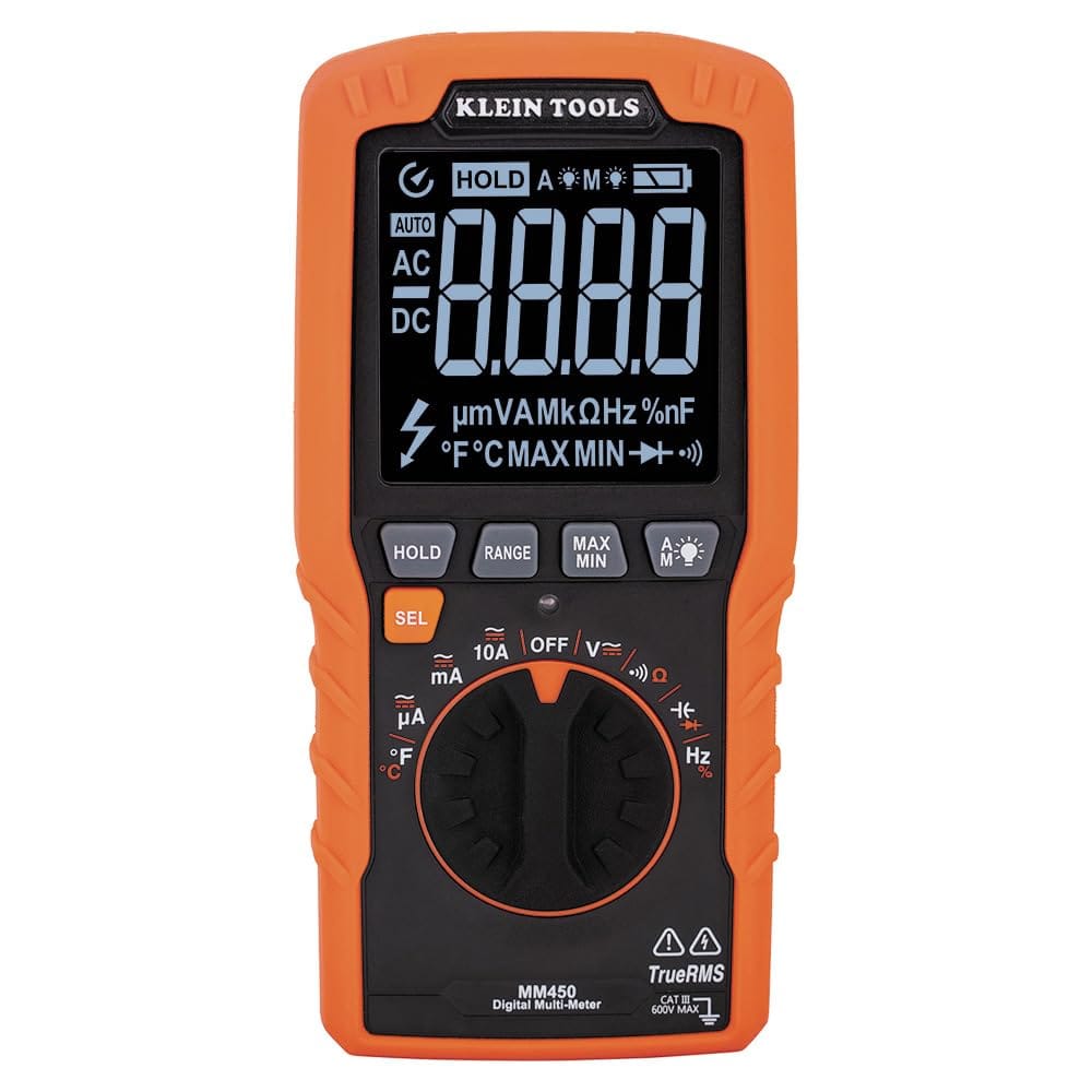 Klein Tools MM450 Slim Digital Multimeter, Reverse Contrast Display with Lead Alert, Auto-Ranging TRMS, 600V AC/DC Voltage, Current, Resistance, Temp, Frequency, Continuity