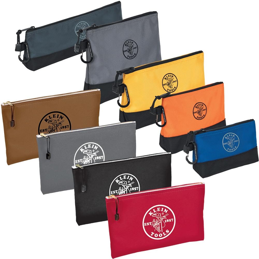 Klein Tools 80183 Zipper Tool Bag Set, (5) Stand-Up Water-Resistant 1680d Pouches with Carabiners and (4) 12.5 x 7-Inch Canvas Utility Bags, 9-Piece