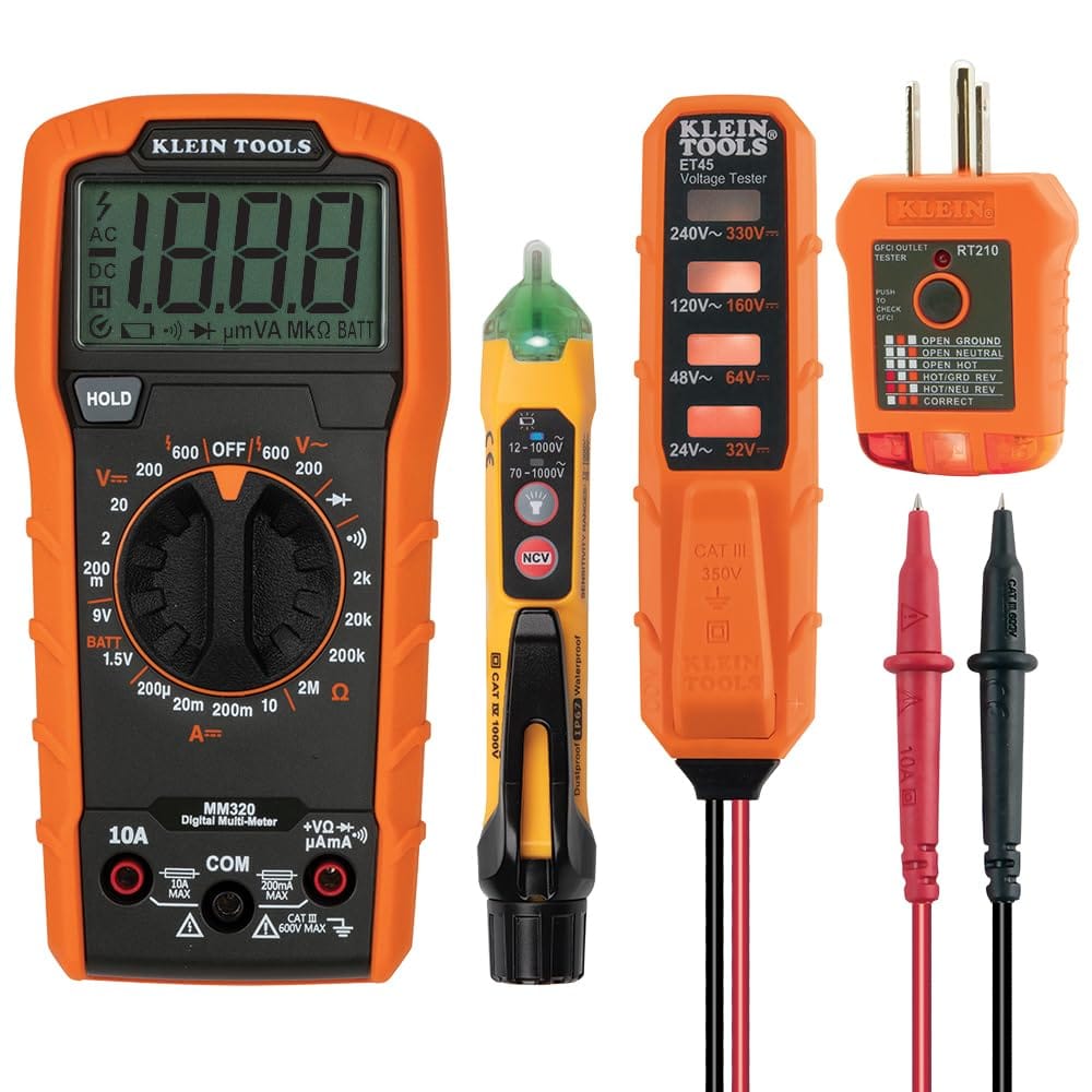 Klein Tools MM320KIT Digital Multimeter Electrical Test Kit, Non-Contact Voltage Tester, Receptacle Tester, Carrying Case and Batteries