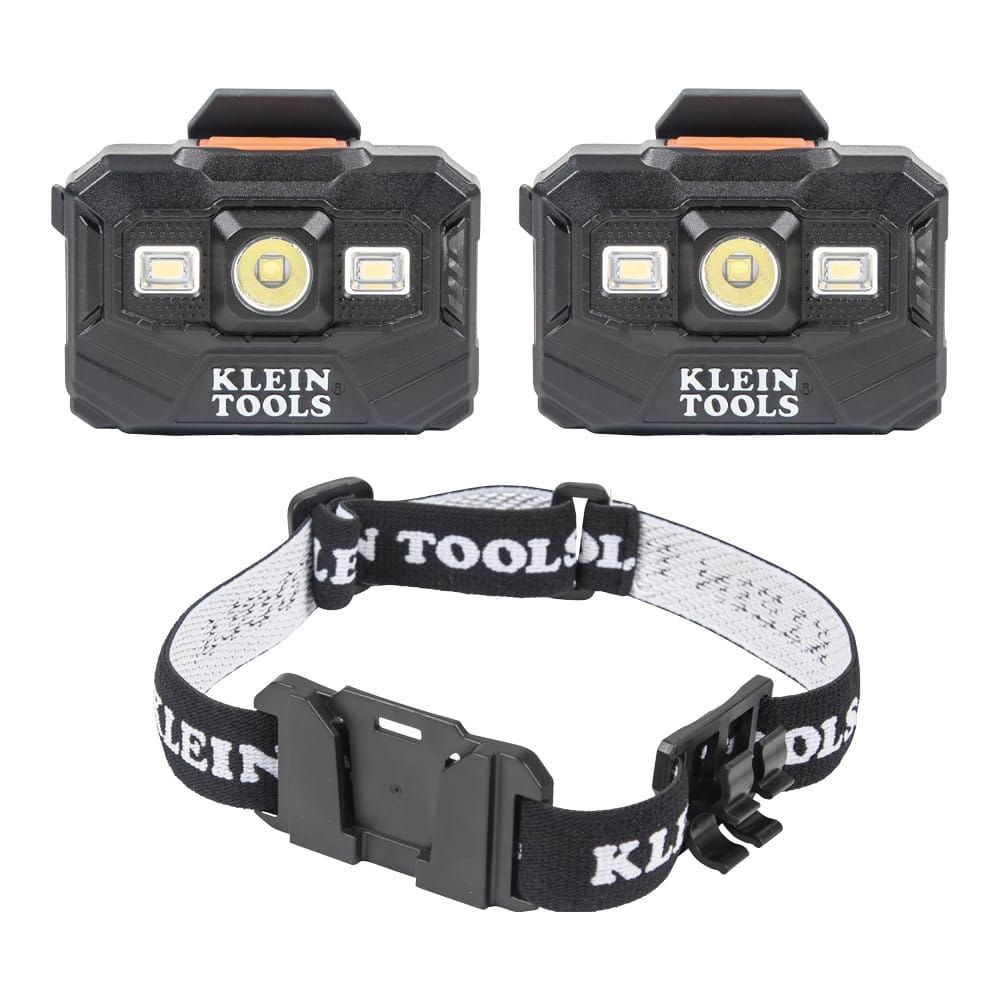 Klein Tools 80174 (2) Rechargeable LED Headlamps with Headlamp Bracket and Fabric Strap, 300 Lumen All-Day Runtime, for Klein Hard Hats, 3-Piece