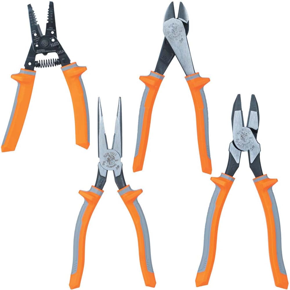 Klein Tools 9417R Insulated Plier and Wire Stripper Tool Set, Made in USA, Side-Cutter, Diagonal-Cutter, Long-Nose Pliers, Wire Stripper, 4-Piece