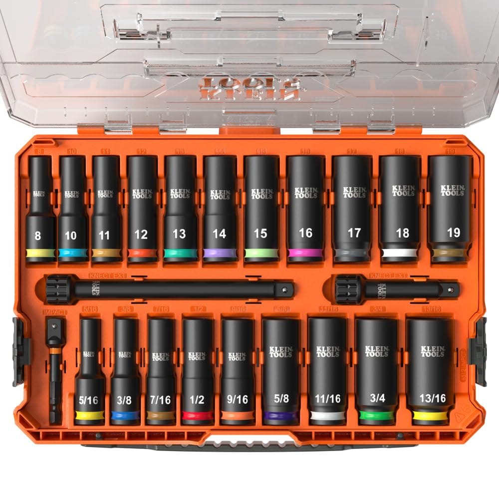 Klein Tools 65121IMPCT KNECT Deep-Well 3/8-Inch Drive Impact Socket Set, SAE and Metric, 23-Piece Tool Set, Impact Driver Adapter, Multi-Purpose Wrench Adapter, Color-Coded, MODbox Socket Organizer