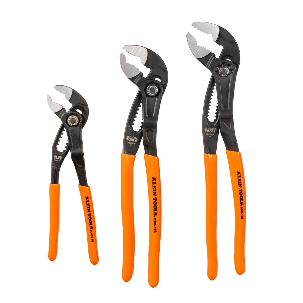 Klein Tools D5053BKIT 3-Piece Adjustable Pliers, Quick-Adjust Klaw Pump Pliers Set, 7-Inch, 10-Inch, and 12-Inch, Compact Design with V-Jaw and Hardened Teeth for Maximum Torque