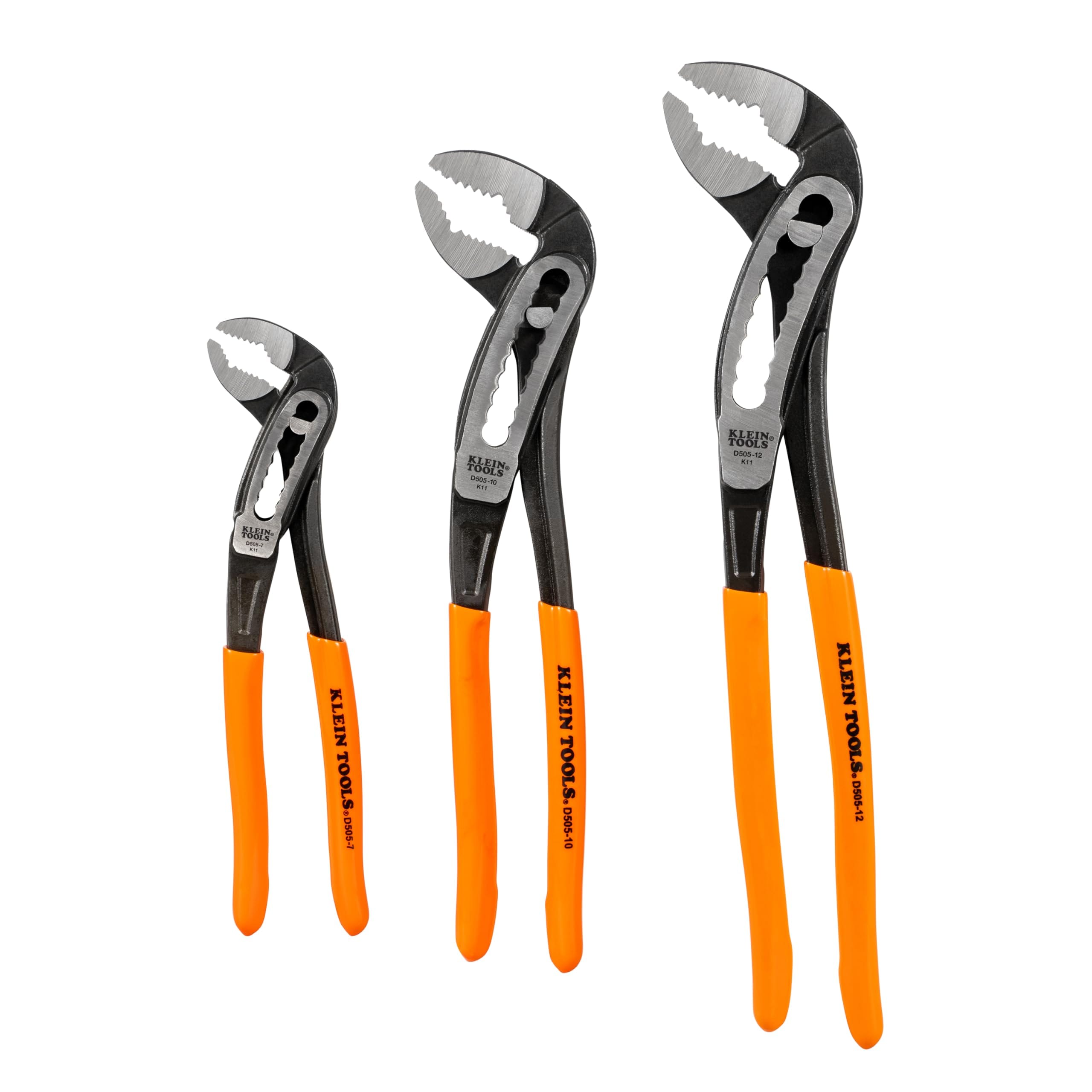 Klein Tools D5053KIT 3-Piece Classic Klaw Pump Pliers Set, 7-Inch, 10-Inch, and 12-Inch Pump Pliers, Compact Design with V-Jaw and Hardened Teeth for Maximum Torque