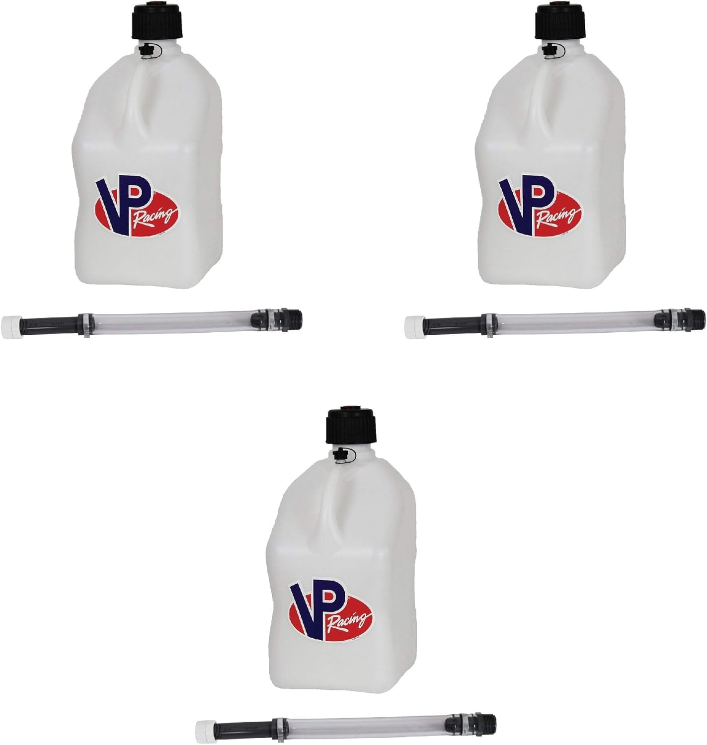 Version 1.0.0 VP Racing 3522-CA, 5.5-Gallon Square Motorsport Jug White (3 Pack) w/ 14" Deluxe Hose (3 Pack) Close-Trimmed Cap and Neck for Tight Seal - Image 1