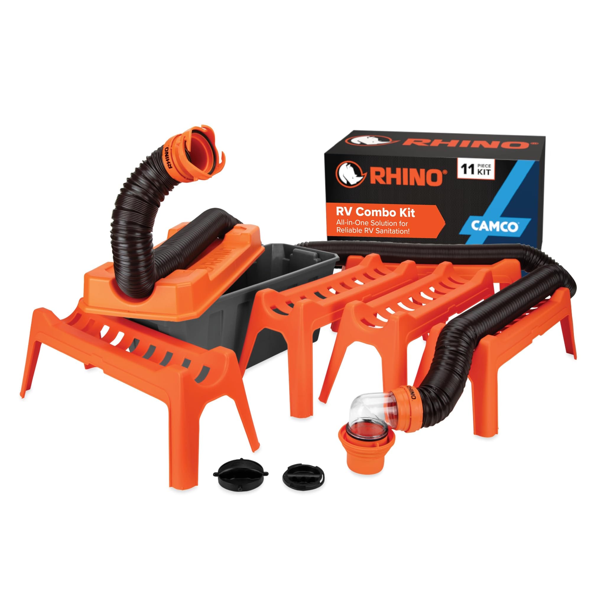 Version 1.0.0 Camco Rhino Ultimate 20' RV Sewer Hose Kit — All-in-One Sewer Hose Solution — 11-Piece Combo Kit Includes Storage Box for Nesting Support & Camper Organization (43075) - Image 1