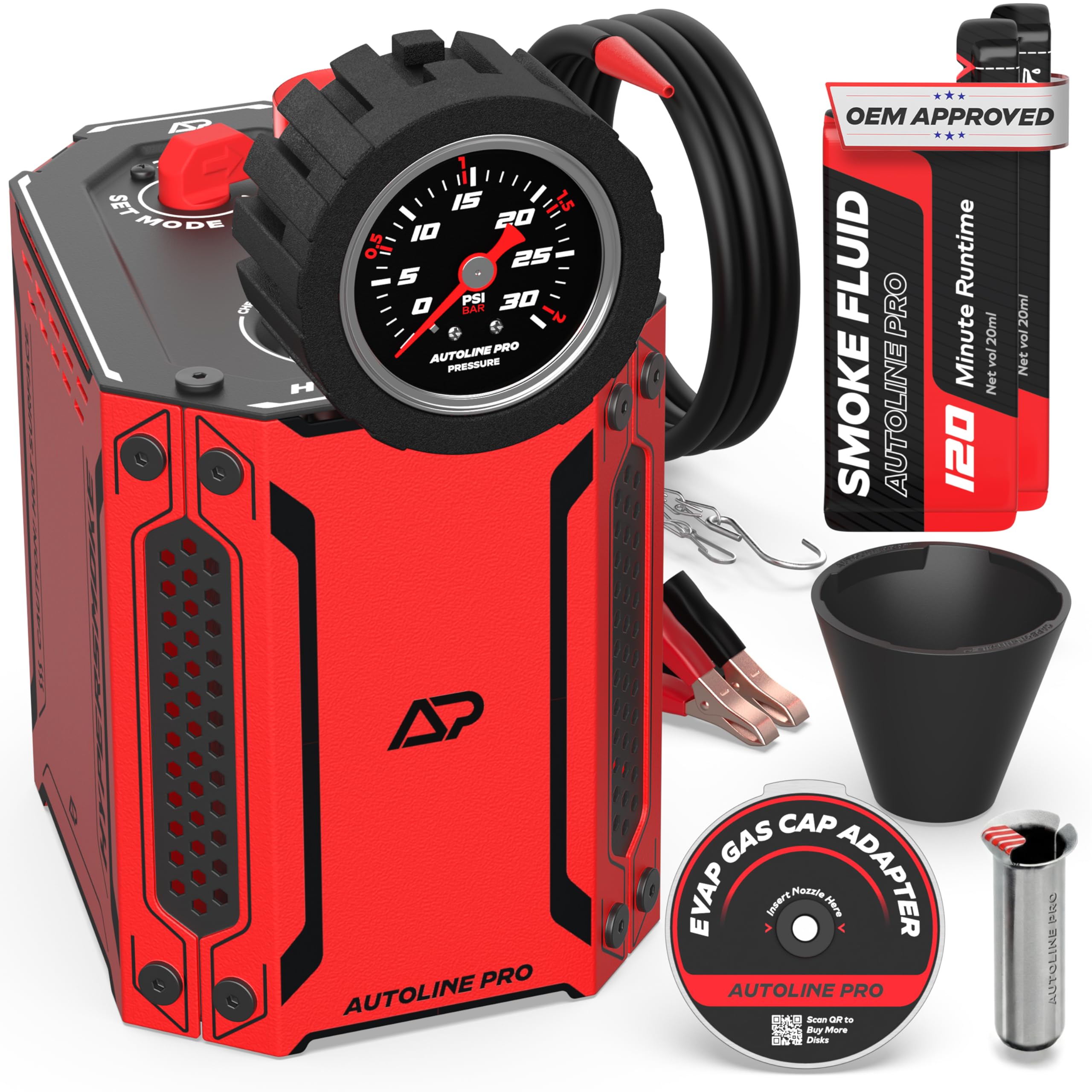 Version 1.0.0 AutoLine Pro HyperSmoke™ Automotive Smoke Machine EVAP Vacuum Leak Tester | Pro Vers. w/Gauge | Adjustable Pressure - OEM Approved Smoke Fluid - Built-in Air Motor - Cone and EVAP Gas Cap Adapter - Image 1