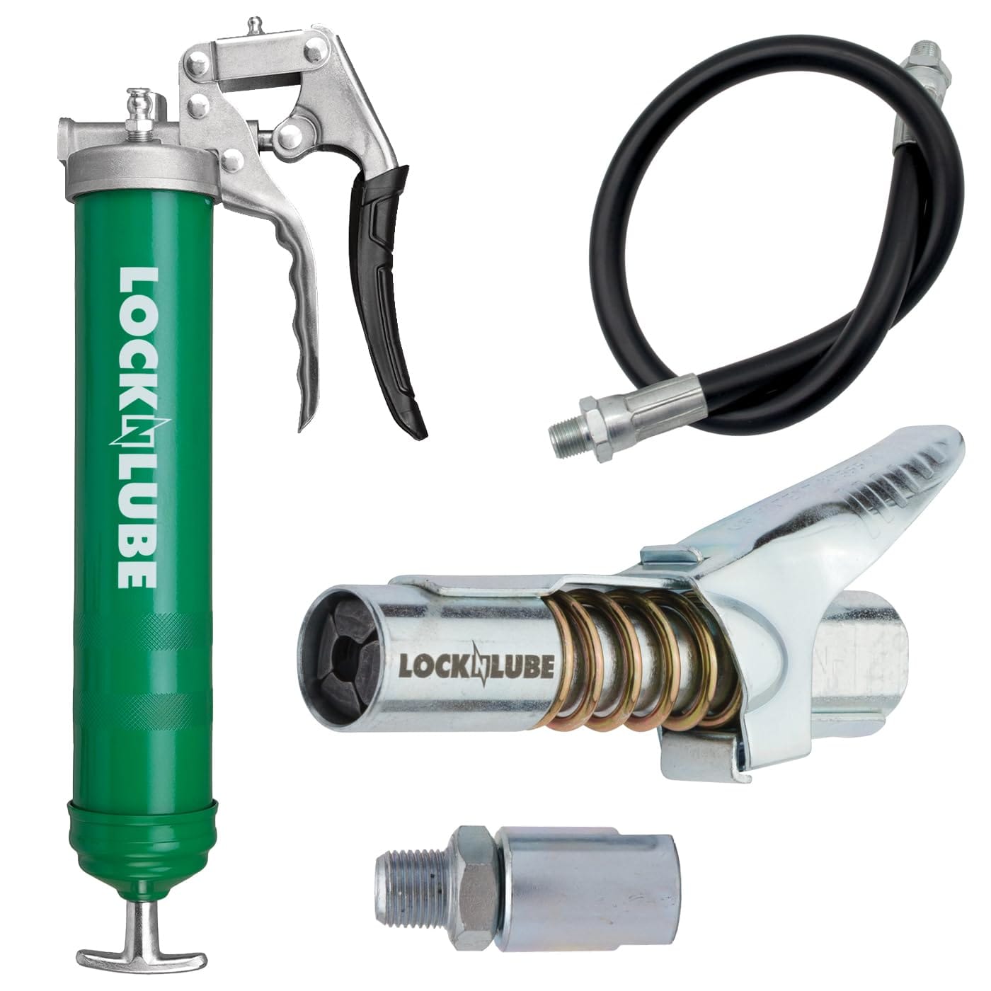 Version 1.0.0 LockNLube Heavy-Duty Pistol Grip Grease Gun. Includes our patented LockNLube® Grease Coupler (Locks On, Stays On, Won't Leak!) plus a high-quality 20" hose and in-line hose swivel - Image 1