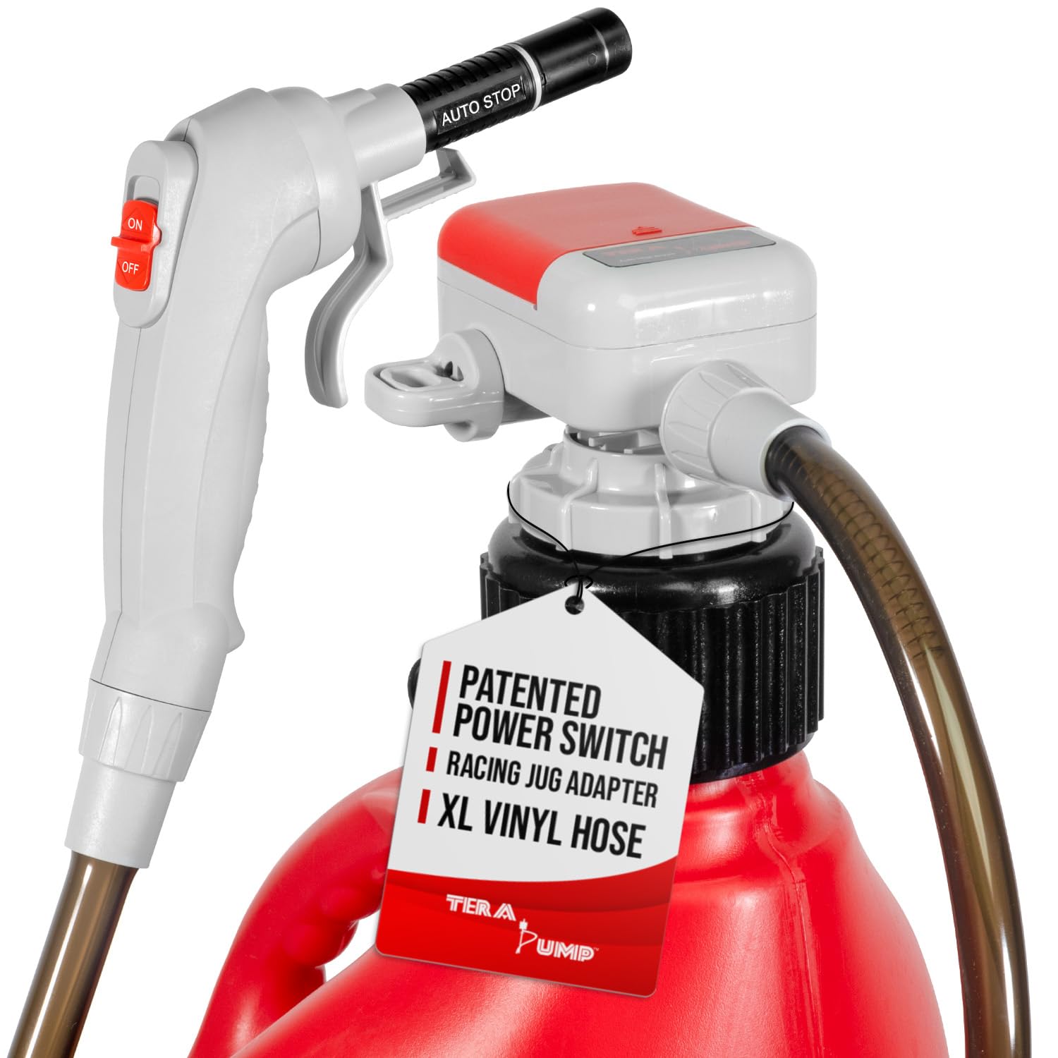 Version 1.0.0 TERA PUMP TRFA03-XL Universal Gas Can Adapter Cap Battery Powered Fuel Transfer Pump (2.3 GPM) No Spill Sensor, 4.27 ft Vinyl Hose, Utility Jug Adapter, Power Nozzle, 4x AA Power - Image 1