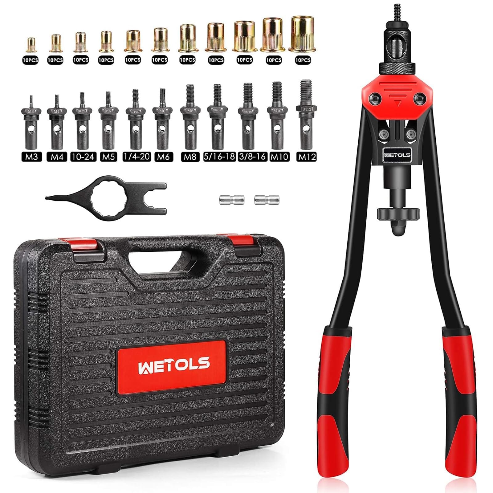 Version 1.0.0 WETOLS 16" Rivet Nut Tool, Professional Rivet Nut Tool Kit with 11 Metric & Inch Mandrels M3 M4 M5 M6 M8 M10 M12, 10-24, 1/4-20, 5/16-18, 3/8-16, 110pcs Rivnuts and Blow Carry Case - WE-889 - Image 1