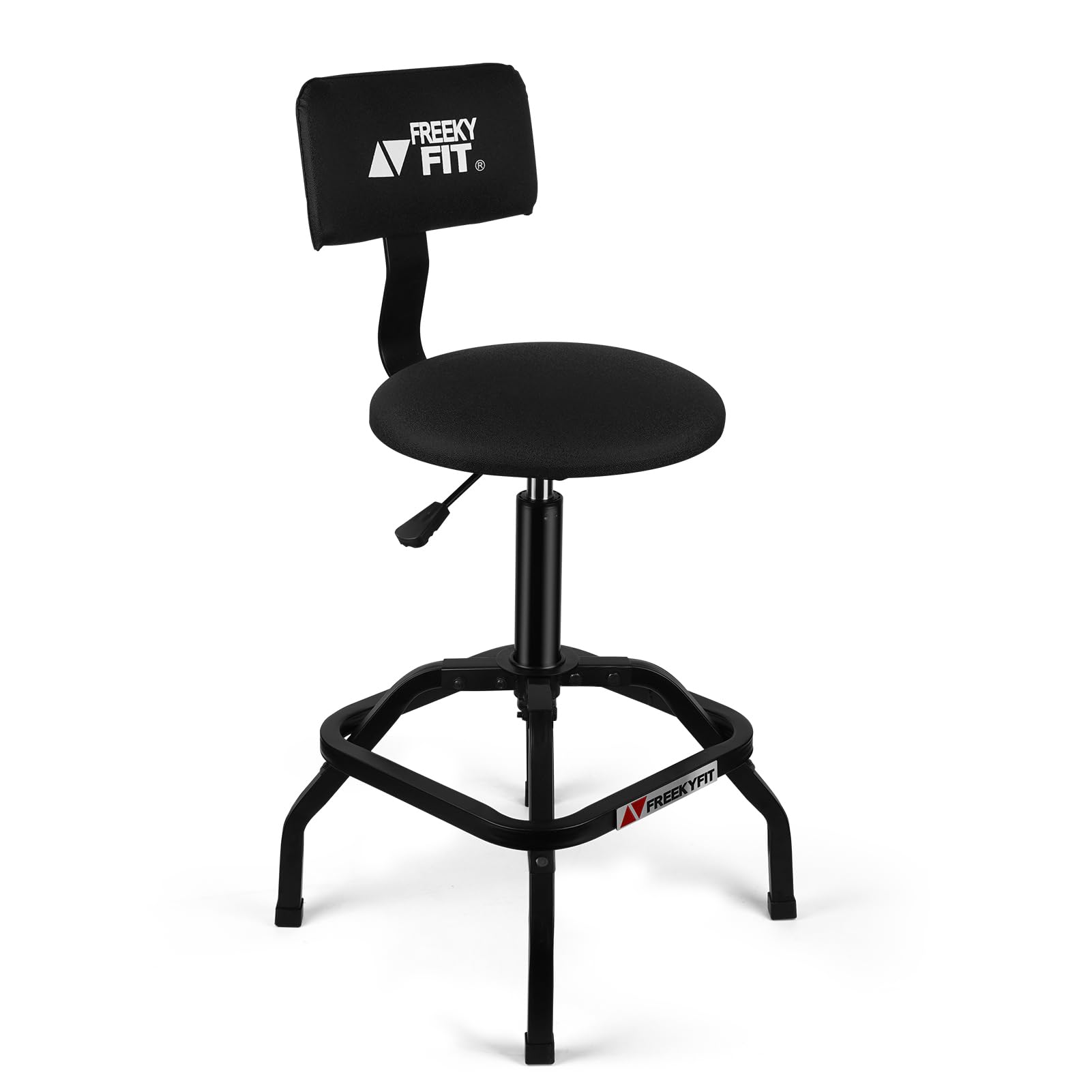 Version 1.0.0 FreekyFit Shop Stool with Backrest, Mechanic Garage Stool for Workshop, Adjustable Shop Stools Chair, Padded Workbench Stools for Men Women, 300 LBS Capacity, 360° Swivel PVC Seat, Heavy Duty, Black - Image 1