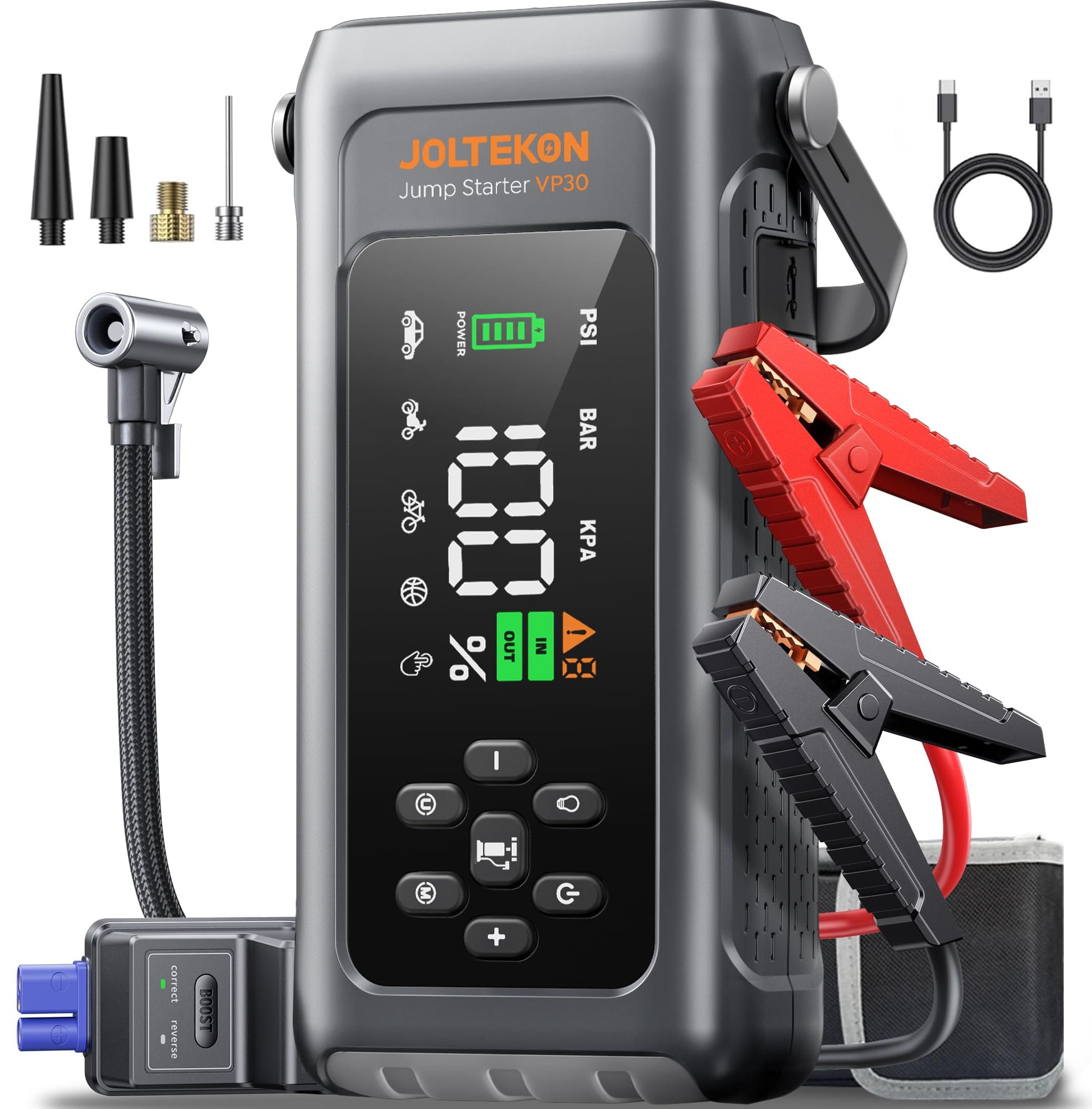 Version 1.0.0 JOLTEKON Car Battery Jump Starter with Air Compressor 4500A 150PSI, Car Jumper Starter Portable (9L Gas/8L Diesel), Jump Box Car Battery with Auto-Shutoff Tire Inflator, Jumper Cables and Light - Image 1