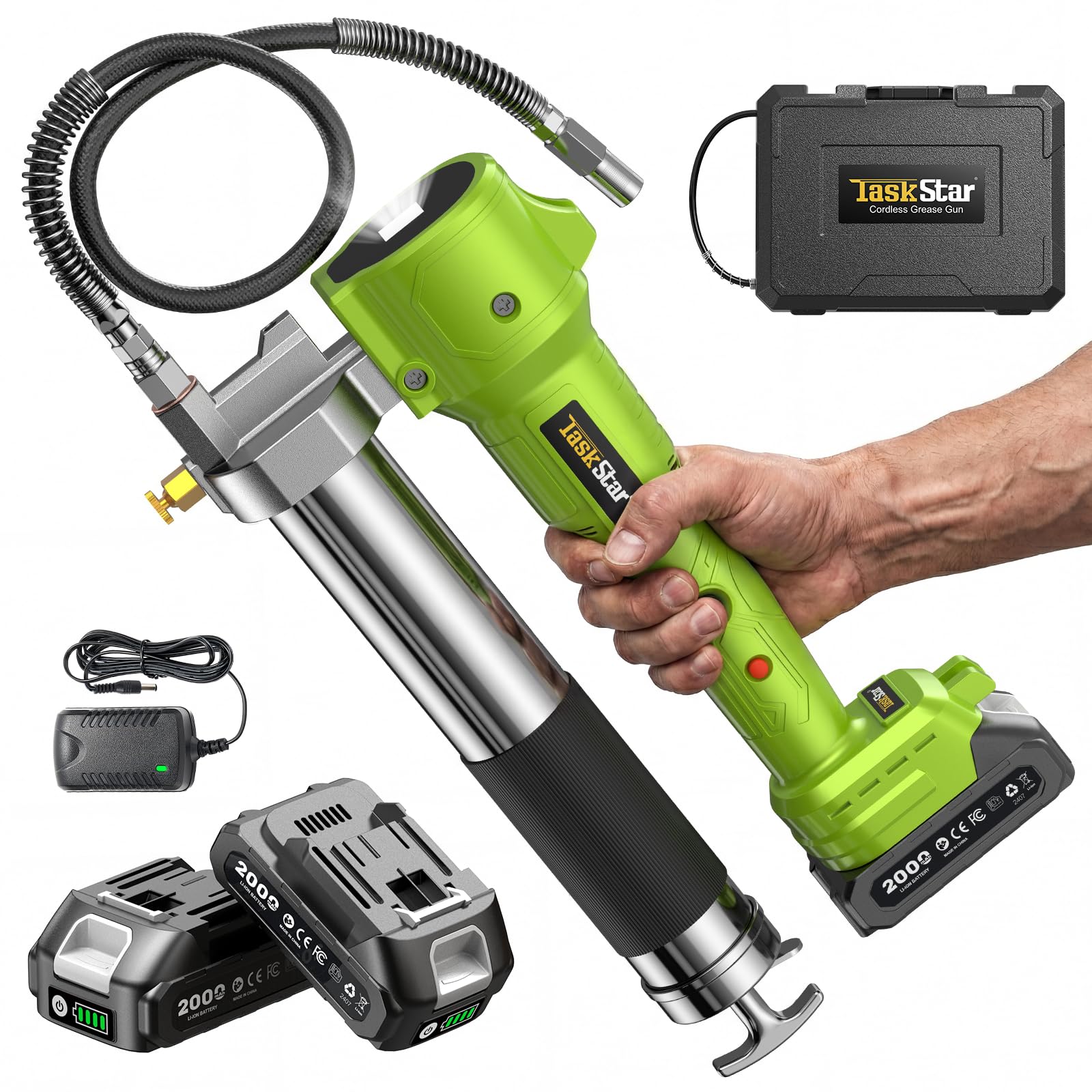 Version 1.0.0 TaskStar Grease Gun with Lock-On Trigger for Effortless Greasing, Cordless Electric Grease Gun Kit, 2 Batteries, 40" Hose & LED Light, 14 oz Capacity for Tractor, Truck & Equipment Maintenance - Image 1
