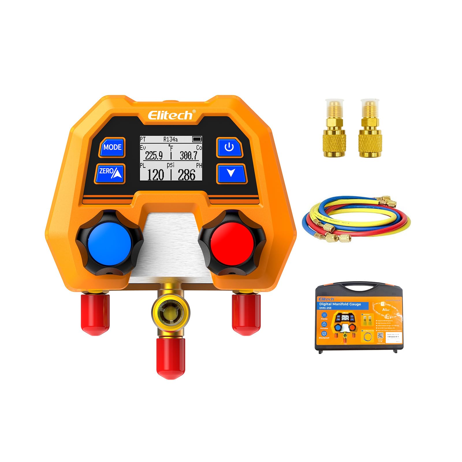 Version 1.0.0 Elitech Digital Manifold Gauge Set for HVAC, Refrigeration & AC Systems, Supports R410A/R454B/R134 etc. Refrigerants, LCD Display, DMG-2SE with 3 Color Hoses & 2 R410A Adapters - Image 1