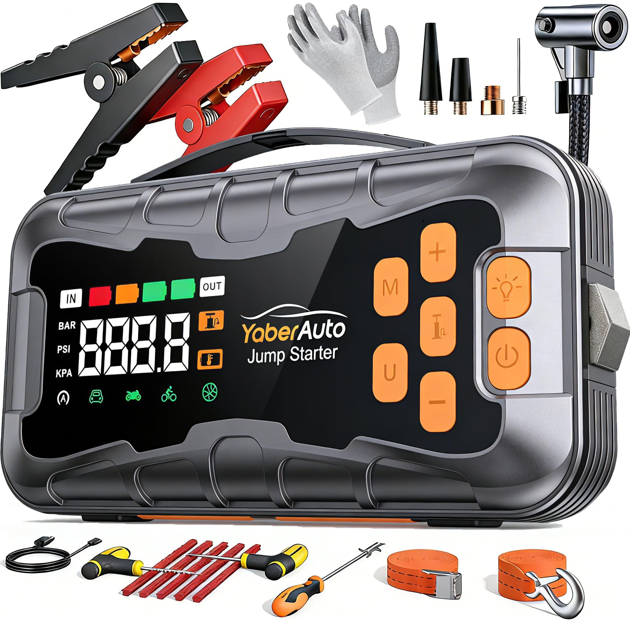 Version 1.0.0 YaberAuto 16-in-1 Jump Starter with Air Compressor 8000A 160PSI Car Battery Jump Starter (All Gas/14L Diesel) 12V Jump Box Car Battery Jumper Starter Portable Jumper Cables, Emergency Tool Kit, Gloves - Image 1