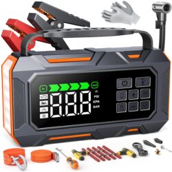 TREKURE 16-in-1 8000A Car Battery Jump Starter with Air Compressor 160PSI, Jump Starter Jump Box (All Gas 12L Diesel) with Portable Jumper Cables, Auto-Shutoff Tire Inflator, Gloves, Tow Rope