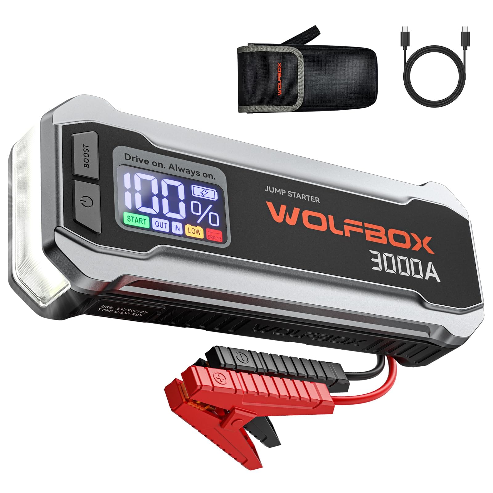 Version 1.0.0 WOLFBOX 3000A Jump Starter,12V Car Battery Jump Starter with 65W Quick Charger,LED Display,59.2Wh Portable Jump Starter Battery Pack(8L Gas 6L Diesel Engine) with Booster,LED Light,Jumper Cables - Image 1