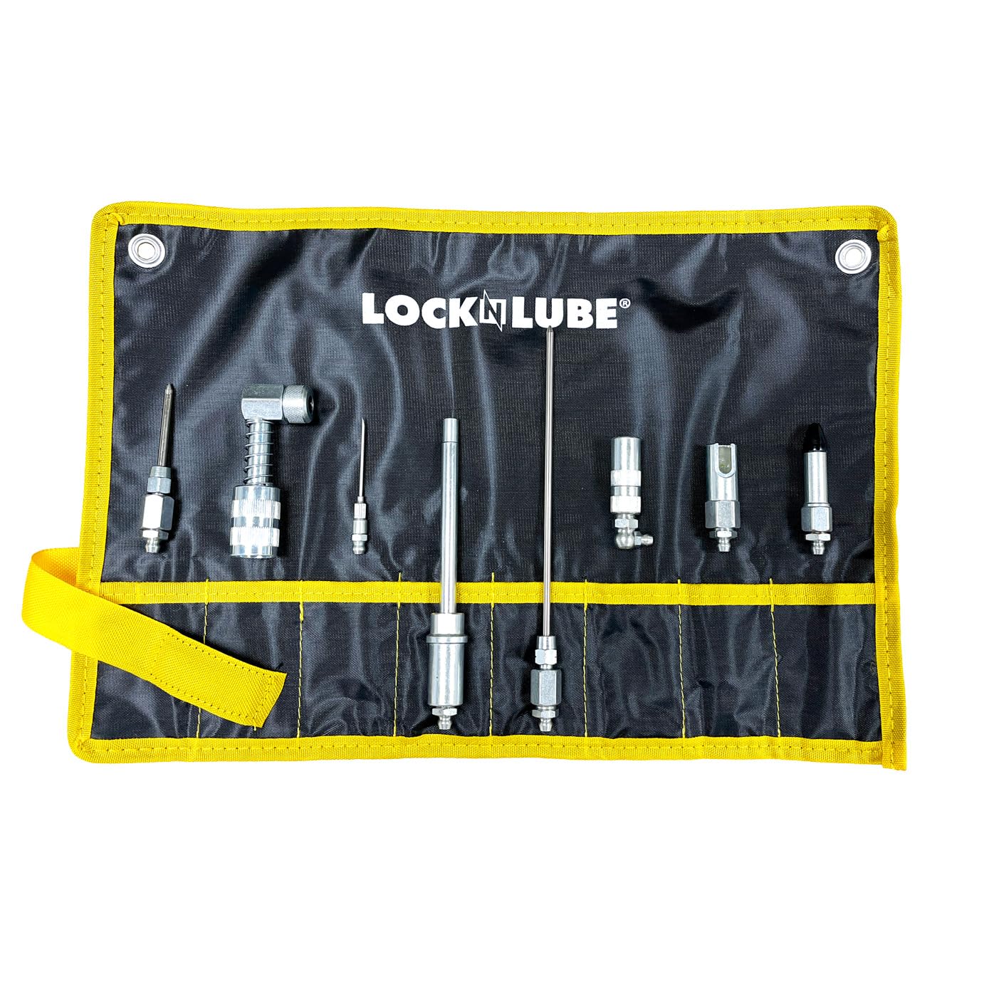 Version 1.0.0 LockNLube 8-Piece Quick Connect Greasing Accessory Kit. Complete grease fitting connection kit. Reach any grease fitting on any machine. The rip-stop case keeps tools clean and portable. - Image 1