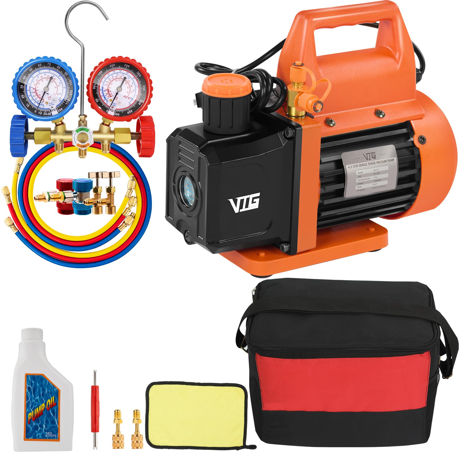 Version 1.0.0 VTG VOGTEN 4.5 CFM AC Vacuum Pump and Gauge Set,for Mini Split/HVAC/Auto Systems,Manifold Gauge Kit Compatible with R134a R12 R22 R502,Includes 2 R134a Can Taps,R410a Adapters - Image 1