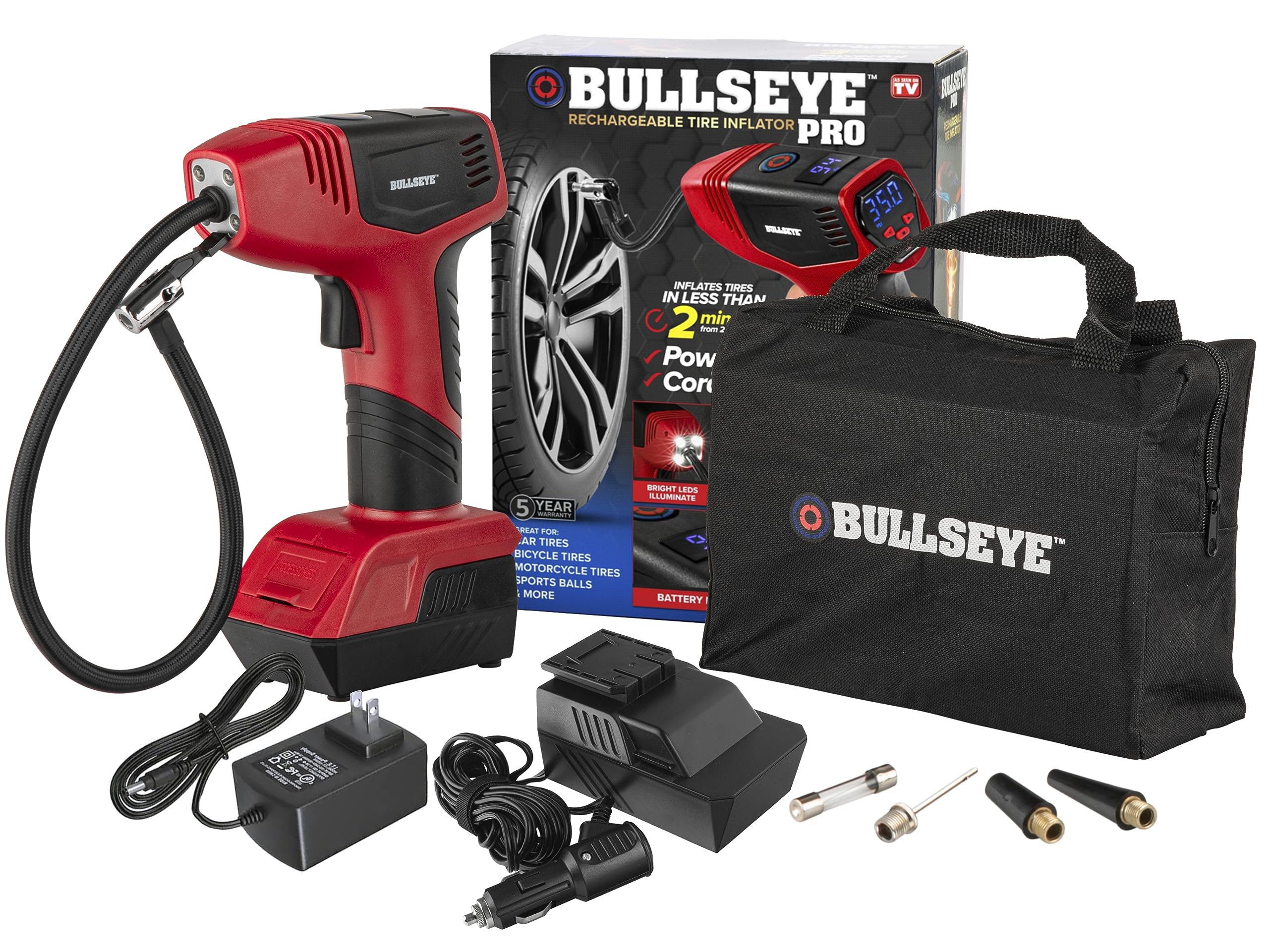 Version 1.0.0 Bullseye Pro Max Deluxe Tire Inflator Portable Air Compressor, Portable Air Pump for Car Tires, Car Tire Inflator Portable - 150PSI, 12V DC 2000 mAhs, Tire Pressure Gauge, Rechargeable As Seen On TV - Image 1