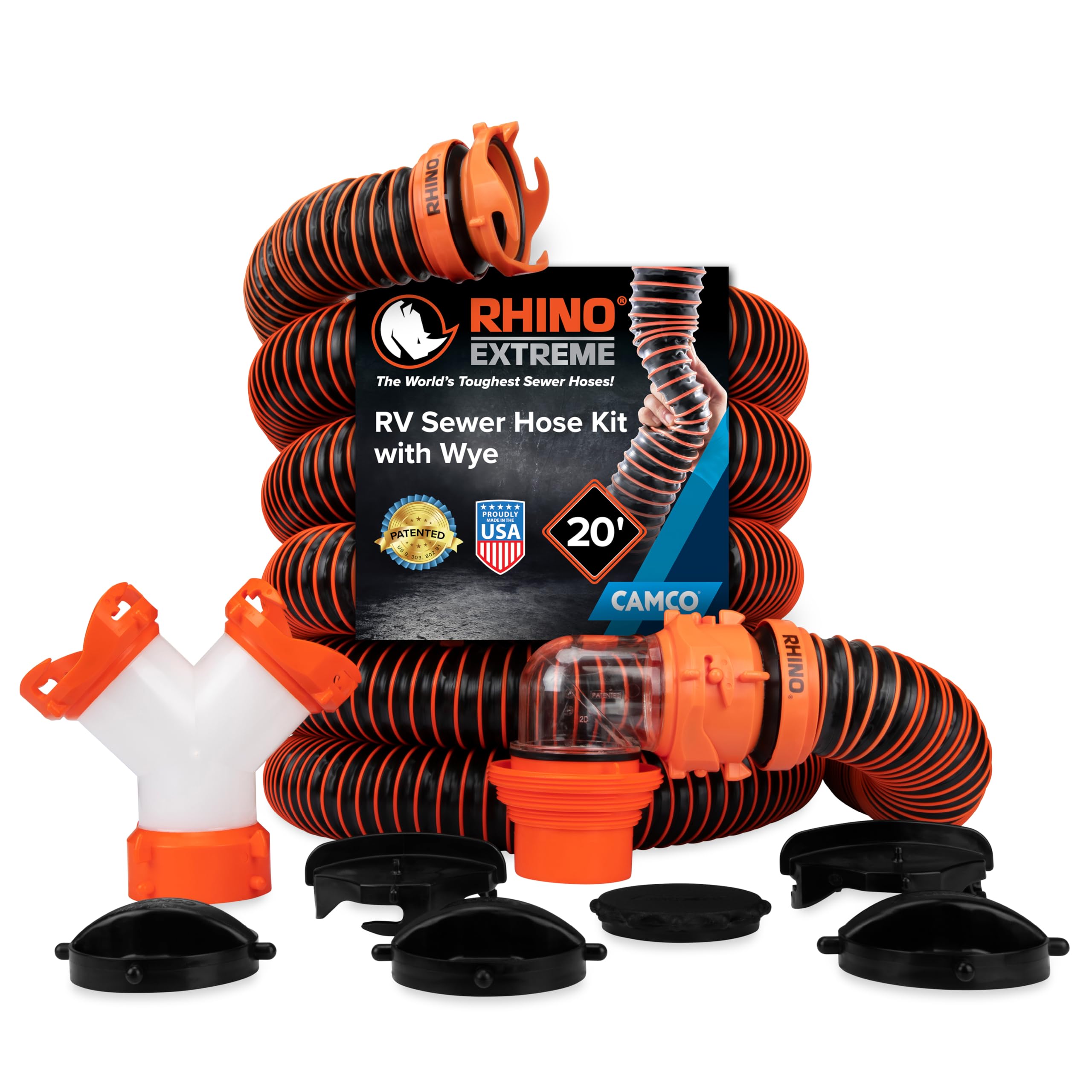 Version 1.0.0 Camco RhinoEXTREME 20’ Camper/RV Sewer Hose - RV Accessories Include 360° Clear Swivel Wye Fitting & Removable 4-in-1 Adapter for Storage and Organization & More - TPE Tech for Durability (21056) - Image 1